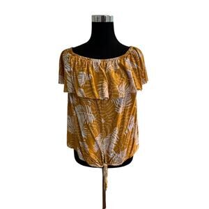 Miss Lili Mustard Yellow Leaf Print Off Shoulder Ruffle Blouse 1X